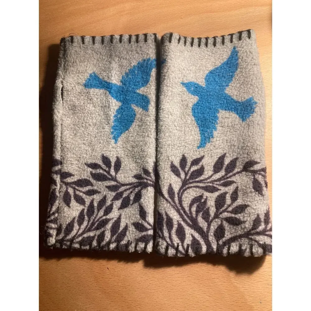 Handmade Fleece Hand Warmers Gray & Turquoise Birds ~ One Size ~ So Hygge!